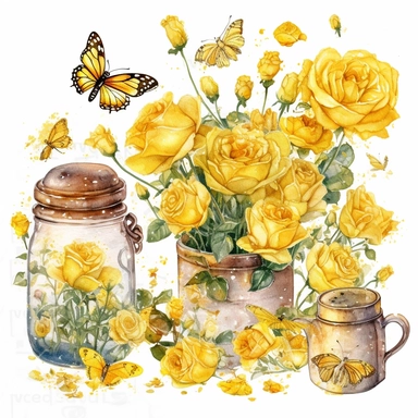 clipart set of buttercup yellow roses with small amount of glitter, jam jar filled with buttercup yellow flowers, sparkly buttercup yellow butterfly, wheelbarrow filled with buttercup yellow roses and butterflies, whimsical watercolor painting, separated with white margins between each item, isolated on white background