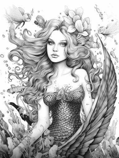 Coloring book, white background, black and white, clip art. Mermaid. Fish bottom, woman top. Mermaid has large wings.