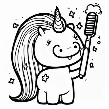 cute clipart cartoon of an happy unicorn combing her hair with a hairbrush in the bathroom coloring book cartoon style vector lines black and white with no background--v4