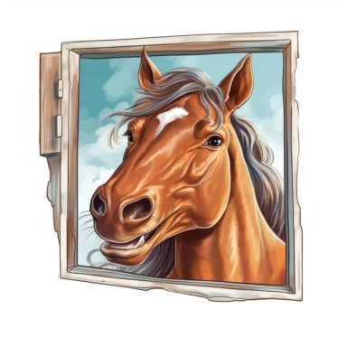 Cute Beautiful Happy Face Funny Horse Outside The Window Sublimation Clipart, Cartoon, hyper realistic, intricate detail, illustration style, high solution, on the white background