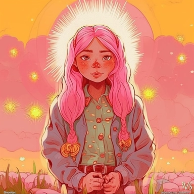 inspired by old story kid vintage style book clipart, flat, illustration of a beautiful girl, use light baby colors, wearing jacket with many cute and funny deign buttons, pink hair, great lightning, extremely detailed girl, solo, sharp focus, standing, light smile, closed mouth, highres, jewelry, looking at viewer, very long hair final fantasy xivbeautiful detailed eyessurrealism and comic books by Paul Davey