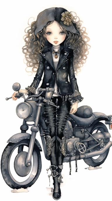 watercolor mixed media goth steampunk girl entire body illustration in front of a goth steampunk motorcycle clipart by holly hobbie