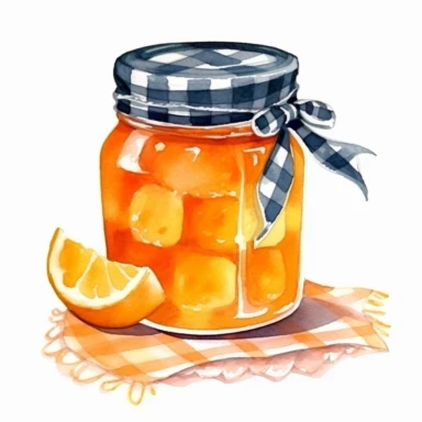 orange marmalade in a jar with a checkered napkin on top, watercolor clipart, minimalist, bright colors, isolated white background, 8k
