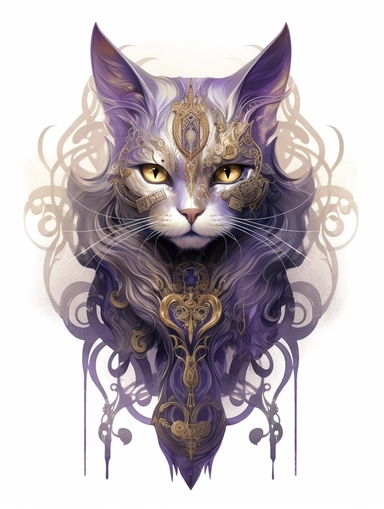 A cat portrait in a gold dress with ornate silver tattoo, in the style of black and lpurple, fractal patterns, mind - bending murals, zbrush, depictions of animals, distinctive noses, clipart png, photorealistic, watercolor, digital painting, WHITE BACKGROUND, fantasy style, realistic, painting, 8k, ultra details,