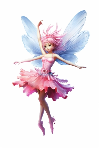 detailed pastel pencil illustration of cute flower fairy, dancing, clipart, plain isolated white background, 8k ultra detail high sharpness