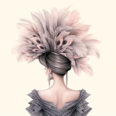 A color pencil illustration of a sophisticated fashion girl, adorned in a unique Haute Couture creation featuring oversized ruffles and dramatic feather accents, stands with her back towards us, her face obscured, showcasing a sleek chignon hairstyle. Clipart, color pencil illustration.