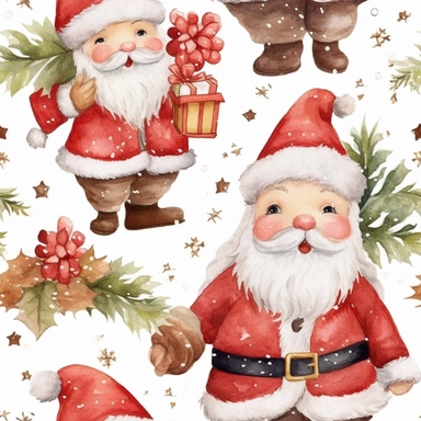 seamless, detailed watercolor, 1 christmas cute santa clipart, 5 fingers, hd, 4k, ultra quality, high quality,