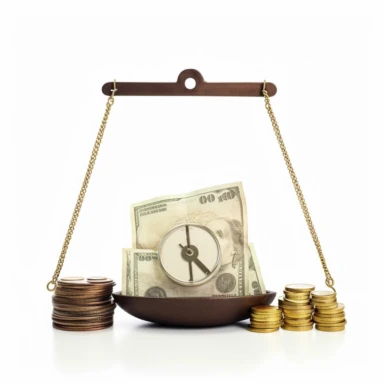 a scale with a bag of money on one side and a coin on the other, clipart, white background
