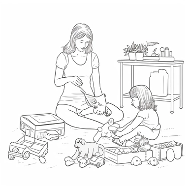 coloring page for kids of a mother and a child playing with toys, full body view, white neutral background, clean line art, low details , 1,5px thick black lines, simple clipart. simple