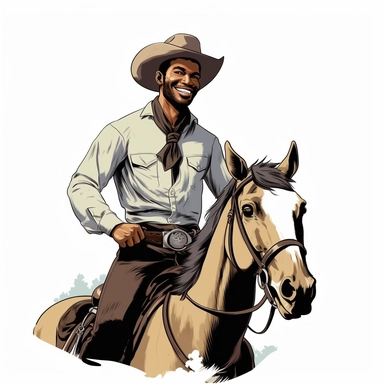 clipart, 1950s handome black man that is a cowboy on horse looking at camera smiling, inspired by the”Lone Ranger” 1950s comic book, white background,