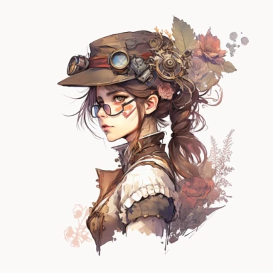 less watercolor floral steampunk cibi girl clipart, looking straight ahead, white backgorund, A sharp photograph of an expensive, portrait of cute steampunk girl clip art., 8k