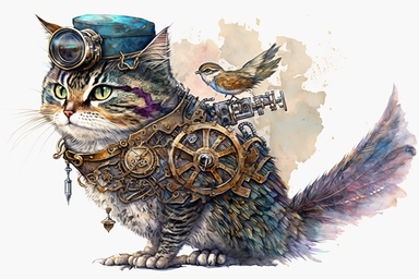 watercolor clipart, A beautiful cute cat with a steampunk-style mechanical bird on its shoulder, hd, on white background,