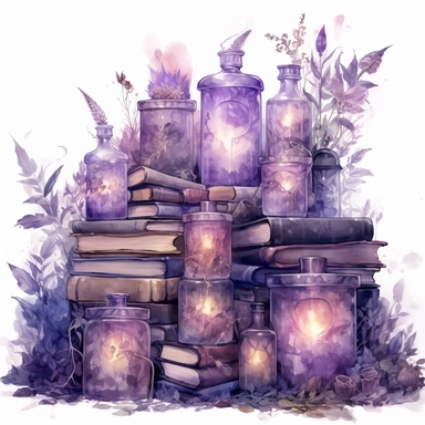 picture of bottles, books, and candles, in the style of dreamlike fantasy creatures, violet and gray, detailed background elements, fairy academia, mysterious backdrops, made of crystals, natural phenomena, watercolor clipart