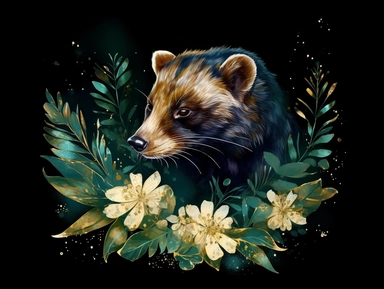 deep emerald gold watercolor Wolverine with flowers plants clipart, golden metallic lines and some glitter, shining colors, dark background, 8k, high resolution