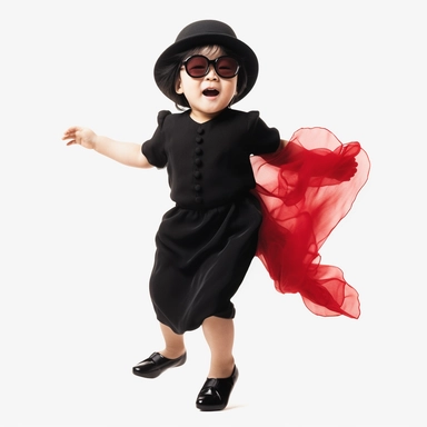 Singer Yoko Ono as a 2 year old toddler, wearing a classic black satin chanel dress, red shoes, red velvet bowler hat, gold silk scarf, dancing, irradiant facial expression, plain white background, clipart