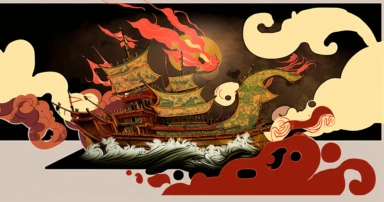 a clipart illustration with a chinese ship on it, in the style of dramatic lighting effects, manticore, multi-layered collage, cartoonish style, monumental murals, smokey background, website,a dragon ship with dragons on it, in the style of digitally enhanced, chinapunk, vibrant stage backdrops, bold graphic illustrations, political illustration, aurorapunk, 2d , chinese dragon in flame, in the style of detailed ship sails, distorted perspectives, exaggerated forms, vibrant stage backdrops, free