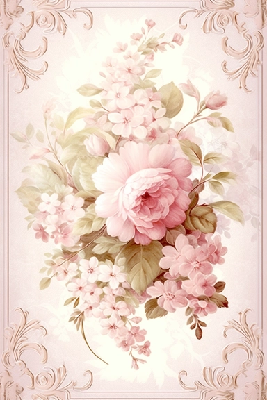 Vintage shabby damask clipart vignette with delicate floral patterns along the sides and corners of the image, small cute bright oil painting vignette with beautiful roses and blooming lilacs, light pastel tones in the center of the image,