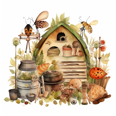 Watercolor boho backyard insect hotel, illustrations clipart set, simple, soft colors, cartoon elements, different variants, insects, ladybug, ants, grasshopper separate elements with a margin