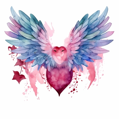 single wedding heart with wings clipart, in the style of watercolor on a white background