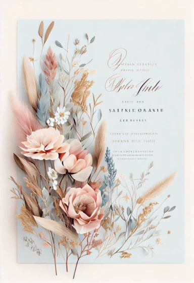 beautiful, intricate, sharp focus, light blue, tan, and pink flowers, boho wedding invitation with white fluffy tail flowers, dried grasses, show entire invitation, no border, clipart, on white background, flat lay, extreme detail, wedding invitation,