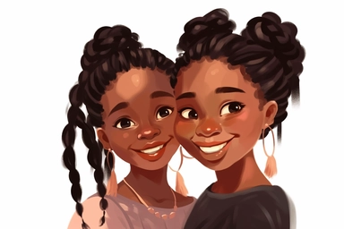 Two beautiful African American child black girls showing their artistic braided long Hair fashion, slightly smiling, clipart, nouveau style