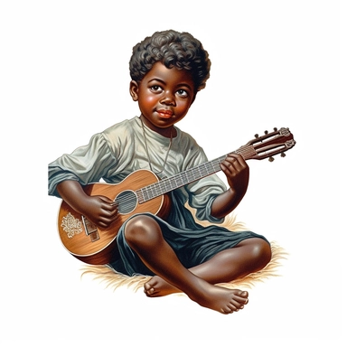 Vintage 1920 Portrait Shot View Of a black child with Angel Wings playing a Guitar musical instrument Illustration , in the style of late 19th century, Chromolithograph, 1920s Illustration, Vintage, Chromolithograph, Colorful, Antique, Ephemera, Clipart, 8k, Isolated on white