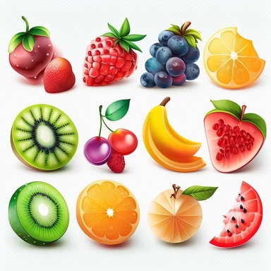beautiful, 10 fruit stickers collection, clipart design, cartoon, 4k, white background, photo realism