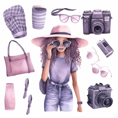 mauve, watercolor, summer vacation, black women, boho, camera, clipart set