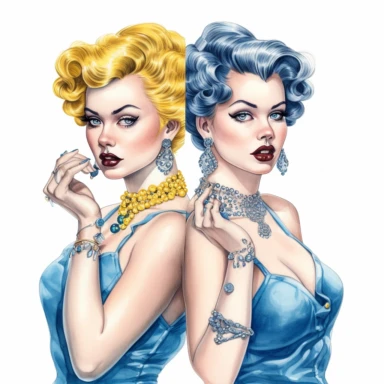 Hand drawn 1950’s pin up woman, dressed like Gemini twins, zodiac, different expressions and clothes, very glamorous with jewelry, shades of blue yellow and hot pink, half body, very detailed and realistic, watercolor, white background with margins, clipart style