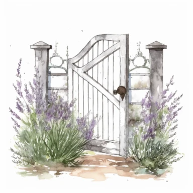 hand drawn opened white country garden gate with rosemary beside it, inside is an herb garden with lavender up front, glamorous, very detailed and realistic , watercolor, white background with margins, clipart style