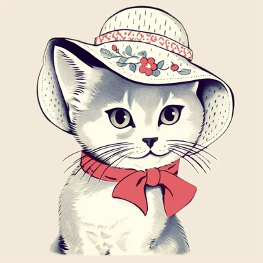 white vintage looking kawaii cat wearing hat clip art