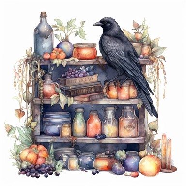 Design an enchanting watercolor clipart of a boho witch's familiar, such as a mystical black raven, perched on old shelves full of jars surrounded by botanical elements. In HD on a white background.