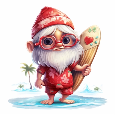 A watercolor painting of cute Santa's red hat in a Hawaiian shirt and sunglasses, holding a surfboard and standing on a beach, cute big eyes, cute detailed digital art, whimsical and cute, cute detailed artwork, glimmering, adorable and whimsical, whimsical art, Clipart style