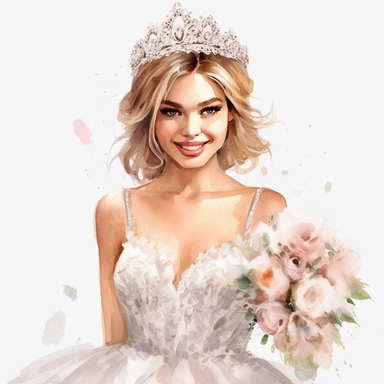 beautiful watercolor fun, happy and cute photorealistic stylish, smiling bride in white wedding dress and tiara beautiful, whole body, decorated in big pastel and light colors flowers in the style of aquarelist, wedding illustrations award winner, wedding clipart, 8k, white background, intricate details illustrations very detailed, uhd exquisite clothing detail, rimel neffati