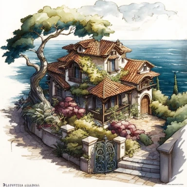 A rich color watercolored pencil painting of a seaside Mediterranean home in the style of Octopath Traveler, clean lines, intricate details, realistic, clipart, white background, png,
