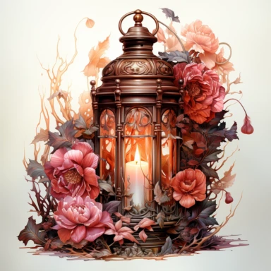 hyperrealistic ultra detailed watercolor clipart, floral fantasy lantern with a candle lit, white background, in the style of digital print, clipart, illustration, sticker, ultra high definition, rich details, 32K, HD