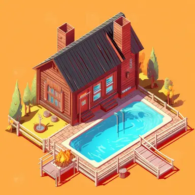 clipart, one-story wooden country house with a fire and a swimming pool, isometric, bright colors, high detail, digital art