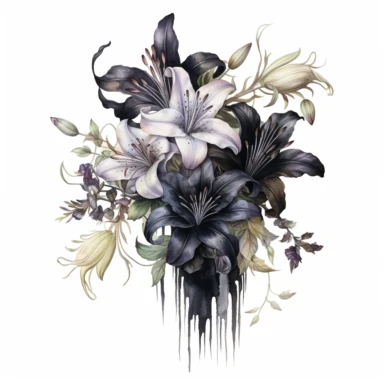 A bouquet of black lilies, symbolizing the mystery and elegance of the gothic style clipart, white background, watercolor drawing