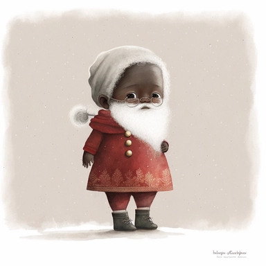 A watercolor painting of a cute black skin Santa Claus , father Christmas, full body image, cute detailed digital art, inspired by nicoletta ceccoli, by Kubisi art, whimsical and cute, by nicoletta ceccoli, cute detailed artwork, glimmering, adorable and whimsical, whimsical art, Clipart style, png style, svg style, blank white background, a solid white background
