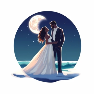 Caucasian bride and African groom, sharing a romantic moment on a moonlit beach, the sound of waves adding to their serenity, vibrant colors, Pixar style, Clipart on a white background.