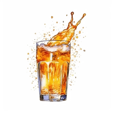 Beer Pours: Illustrate watercolor clipart of beer being poured into a glass, capturing the fluid movement and golden hues, full color, clipart, watercolor illustration, single object, high definition 8k, white background for removing background