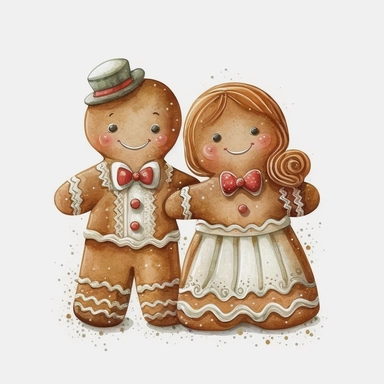 Gingerbread Christmas Couple clipart, solid watercolor, realistic, detailed, isolated white background. Gingerbread Christmas Couple clipart, on white background