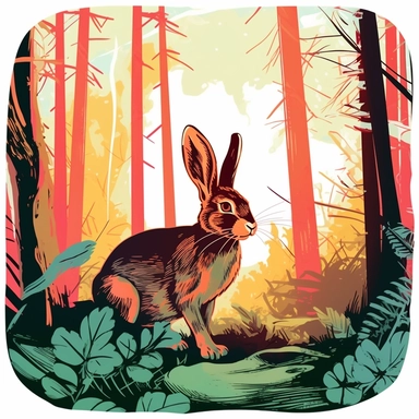 cute vivid color clip art of a rabbit in the woods, bold color with a border on a white background