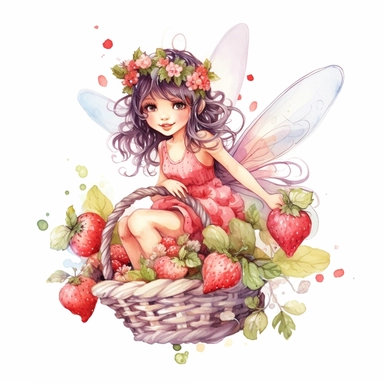 hand drawn cute fairy flying with a basket of strawberries, with blossoms, coquette style, glamorous, watercolor, white background with margins, clipart style