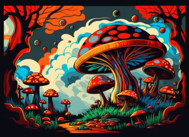 Expressionist Landscape Painting: magic mushrooms, Vibrant Colors, Intense Emotions, Fauvism, art deco,, red fly agaric mushroom, chanterelles, pop art deco nouveau, flat 2d vector design, illuminati priestess, clipart, detailed trace