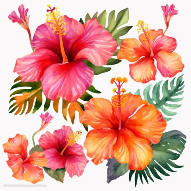 Watercolor Tropical Hibiscus Clipart by Thomas W. Schallerof: A vibrant and exotic design featuring tropical hibiscus flowers in shades of pink, orange, and red on a white background. The flowers are different-size and bold, while the leaves are thick and tropical, creating a lively and festive composition