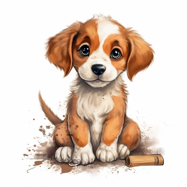 cartoon clipart, wathercolor of art adorably puppy on white background, simple and Adorable little puppy sitting on the ground with a bone in its mouth, big eyes and a friendly expression, cleaning