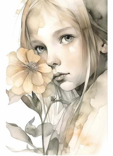 girl behind a single spring flower, in the style of magali villeneuve, jon j muth, carl larsson, dreamy world, closest to watercolor illustrations, soft color palette with ligh beige and gray, children's illustrations, solid white background, clipart
