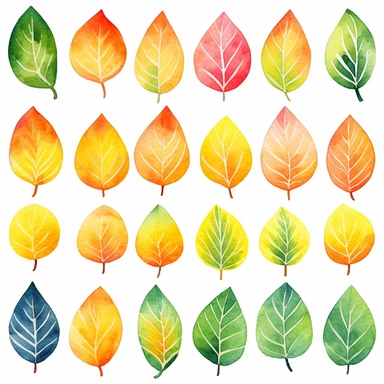 9 vibrant watercolor citrus leaves individual elements clipart, in the style of spectacular backdrops, playful whimsicality, playful motifs, colorful whimsy, clipping art