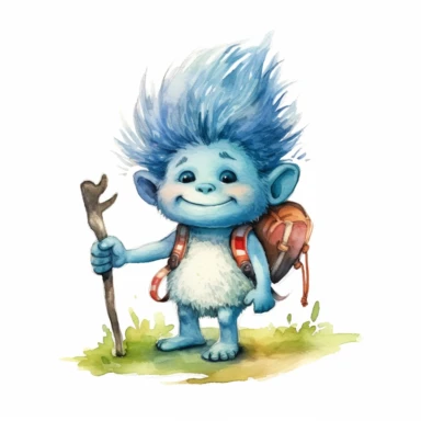 a watercolor, cute troll, hair standing up, blue hair, little nose, precious moments, camping, summer, clip art, contrasting colors, white background.